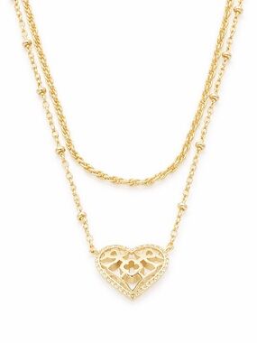 KENDRA SCOTT Anna Filigree Gold Heart Necklace Double Strand Layered Pendant
